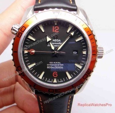 Copy Omega Seamaster Planet Ocean 600m Watch Orange Bezel Black Leather